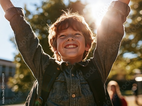 Joyful young boy with arms raised in celebration outdoors