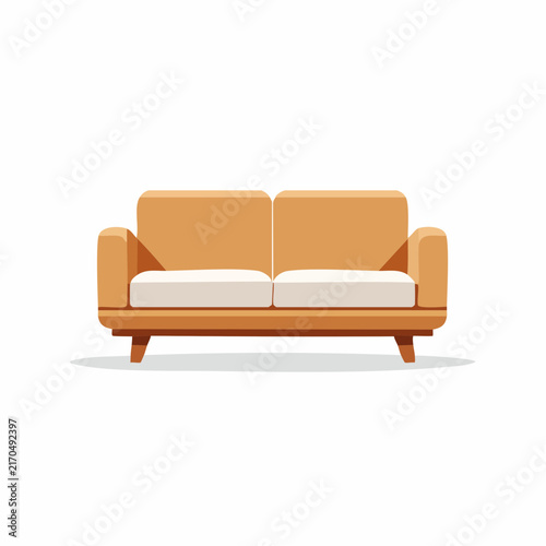 Modern mid-century style two-seater sofa vector illustration. Minimalist couch with orange wooden frame and white cushions isolated on white