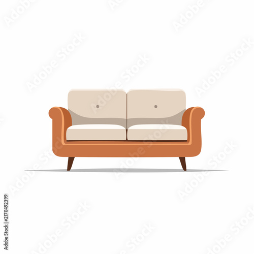 Comfortable modern two-seater sofa with orange frame and beige cushions