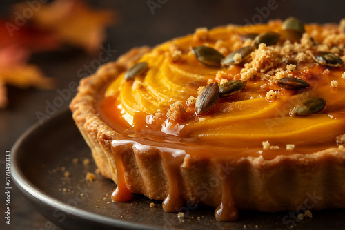 Pumpkin caramel tart with seeds in a dark autumn setting