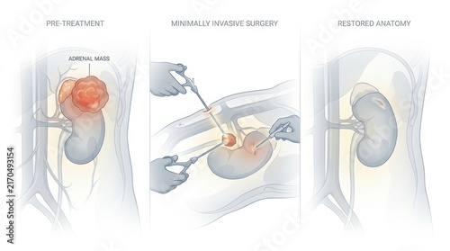 Minimally invasive adrenal mass removal surgery and restored anatomy illustration
