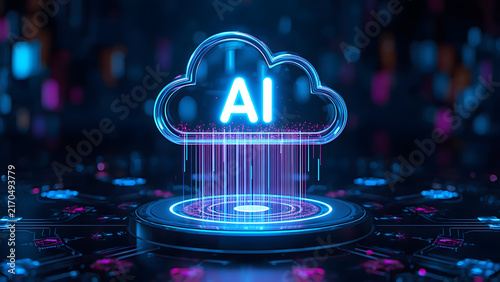 Cloud and edge computing technology data transfer concept. A large cloud icon is in the center, Ai Brain Cloud Big data, network, Science and futuristic ai cloud background concept.