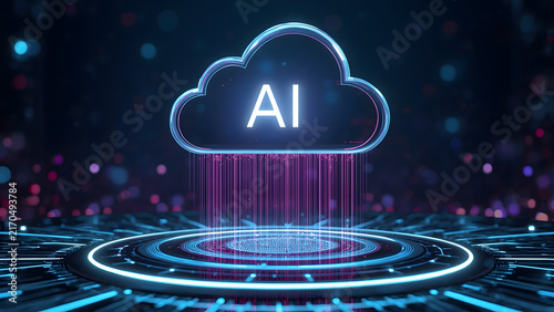 Cloud and edge computing technology data transfer concept. A large cloud icon is in the center, Ai Brain Cloud Big data, network, Science and futuristic ai cloud background concept.