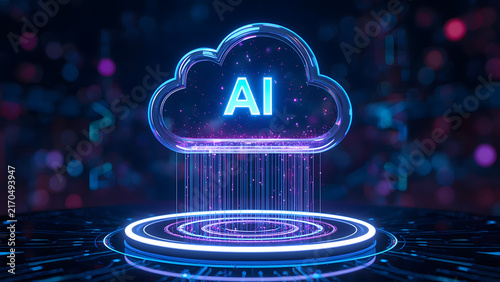 Cloud and edge computing technology data transfer concept. A large cloud icon is in the center, Ai Brain Cloud Big data, network, Science and futuristic ai cloud background concept.