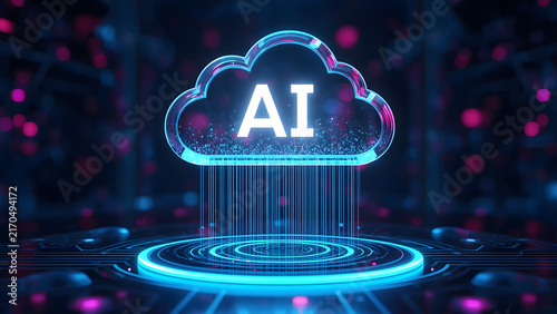 Cloud and edge computing technology data transfer concept. A large cloud icon is in the center, Ai Brain Cloud Big data, network, Science and futuristic ai cloud background concept.