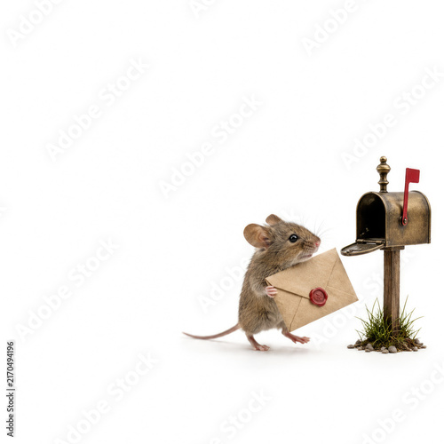 Cute Mouse Carrying a Sealed Letter Toward a Vintage Mailbox on White Background with Copy Space