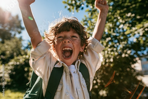 Excited young boy with arms raised in triumph, celebrating a successful school day