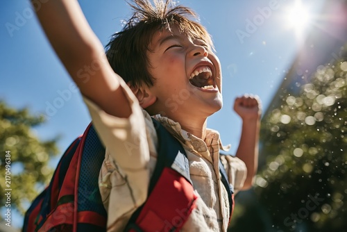 Excited young boy with backpack shouting with joy under bright sunlight