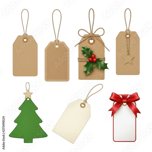 Set of decorative christmas gift tags with holly berries and red ribbons for holidays isolated on transparent background
