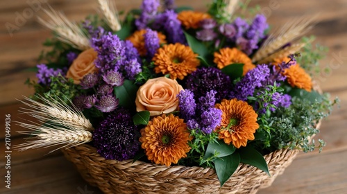 Woven basket floral arrangement with wheat, roses, marigolds and lavender for seasonal rustic centerpiece and farmhouse home decor background