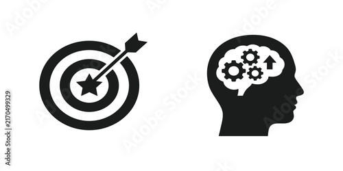 Minimalist icon set representing business goal achievement and strategic thinking process for professional growth and development