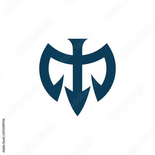 Dark Blue M Letter Shaped as Trident Spear and Warrior Emblem Logo Design Vector