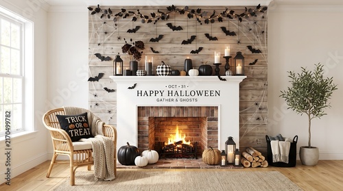 Stylish Halloween Home Decor Featuring a Fireplace Mantel Adorned with Bats Pumpkins and Festive Lights