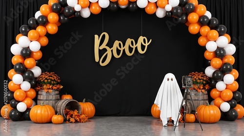 Festive Halloween Decor Featuring Cute Ghost Vintage Camera Pumpkins and a boooo Sign