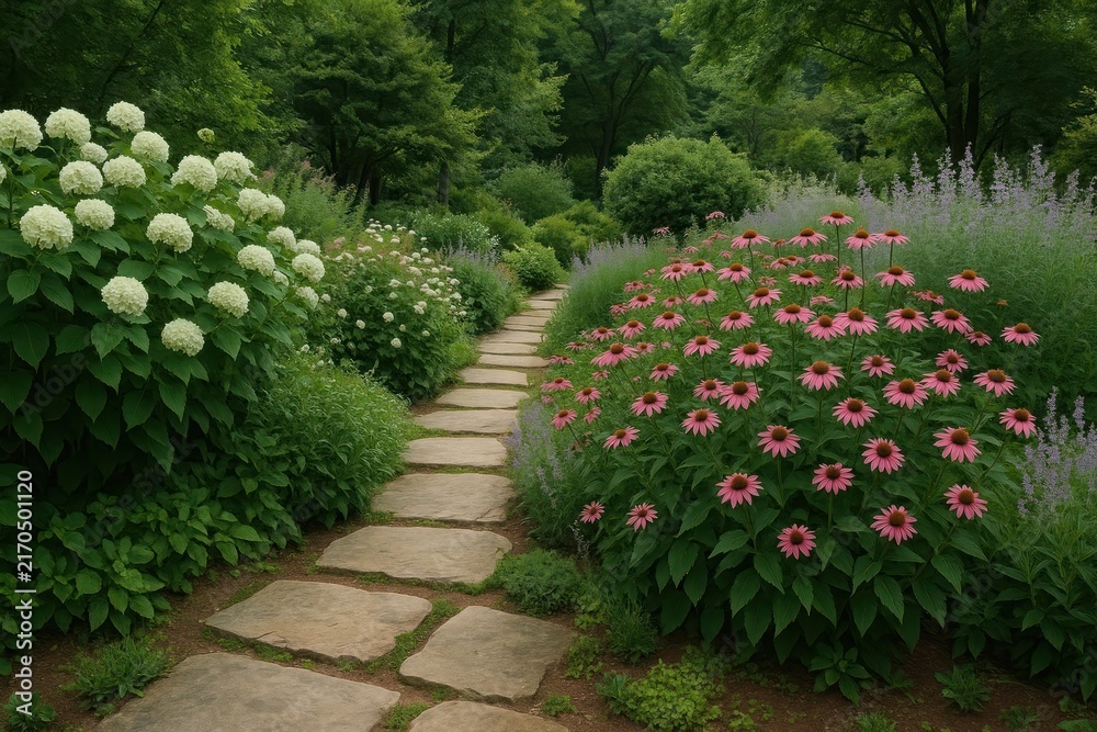 Naklejka premium Serene garden path with flowers background