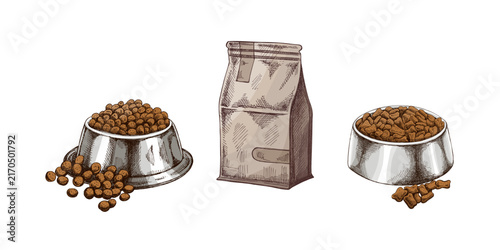 Dog food packaging bag and bowls with kibble vintage engraved color illustration set