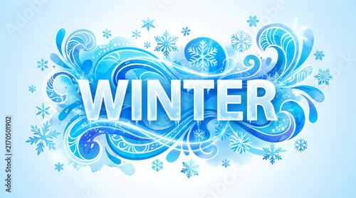 Winter text sign with blue snowflakes and frost design illustration
