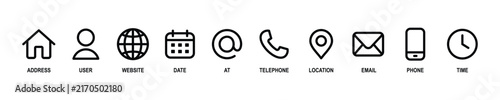Contact icon set. Home, user, website, date, email and communication vector illustration. Mobile and message symbol. Interface details sign.