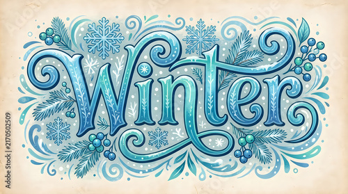 Decorative Winter lettering design with blue ice patterns illustration