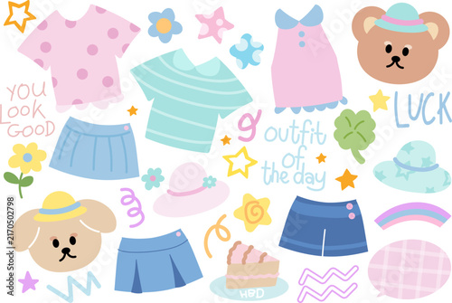 Cute pastel vectors of outfit of the day with shirt, skirt, blouse, short jeans, hat, you look good letters for fashion, accessories, costume, online shopping, department store, street stalls, sticker