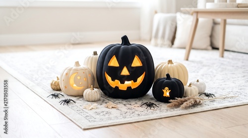 Halloween Pumpkin Decor with Glowing Jackolanterns and Spooky Spiders on Living Room Rug