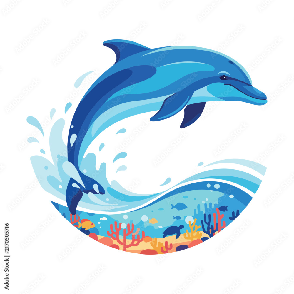 Naklejka premium Dolphin Jumping Icon, Ocean Wave Marine Animal Vector