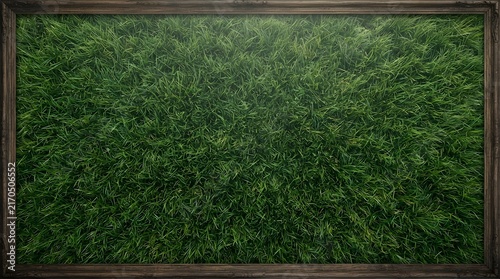 Lush green grass framed by a dark wooden border creating a natural textured background for presentations
