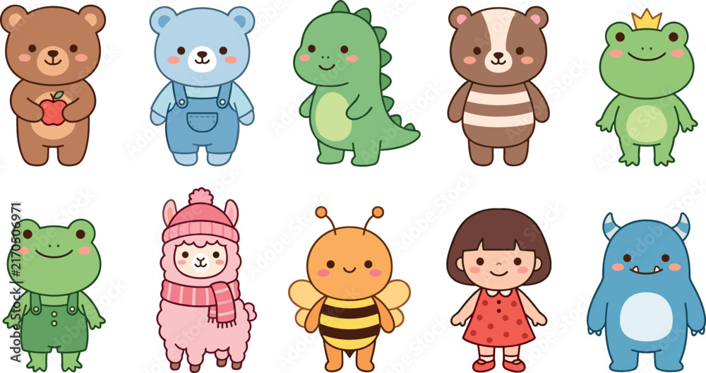 Fototapeta premium Cute Kawaii Animal and Character Vector Sticker Set Featuring Bears Dinosaur Frogs Alpaca Bee Girl and Monster for Children Graphic Designs