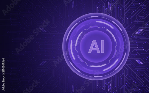 Digital wireframe hand holding AI chip hologram with atom icon. Tech AI semiconductor with circuit board elements. Artificial intelligence innovation concept. Technology vector illustration.