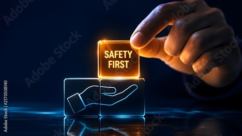 Hand Placing Safety First Glass Cube Onto Glowing Support Blocks