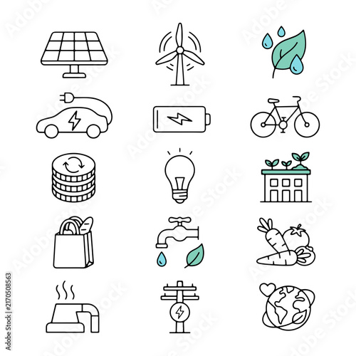 Renewable Energy and Green Living Vector Line Icon Set