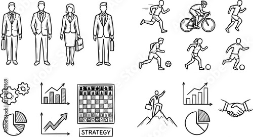 Business and Sports Lifestyle Activity Line Art Icon Set – Black and White Strategy, Fitness, and Work-Life Balance Vector Icons