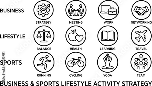 Business and Sports Lifestyle Activity Line Art Icon Set – Black and White Strategy, Fitness, and Work-Life Balance Vector Icons