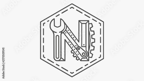 Modern Minimalist Tech Repair Logo with Wrench and Gear Design in Hexagon Shape
