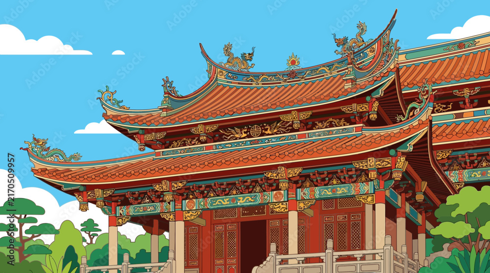 Fototapeta premium A vibrant flat design illustration of a traditional Asian temple roof, showcasing highly detailed, ornate eaves and decorative carvings. This 2D vector graphic beautifully captures cultural symbolism