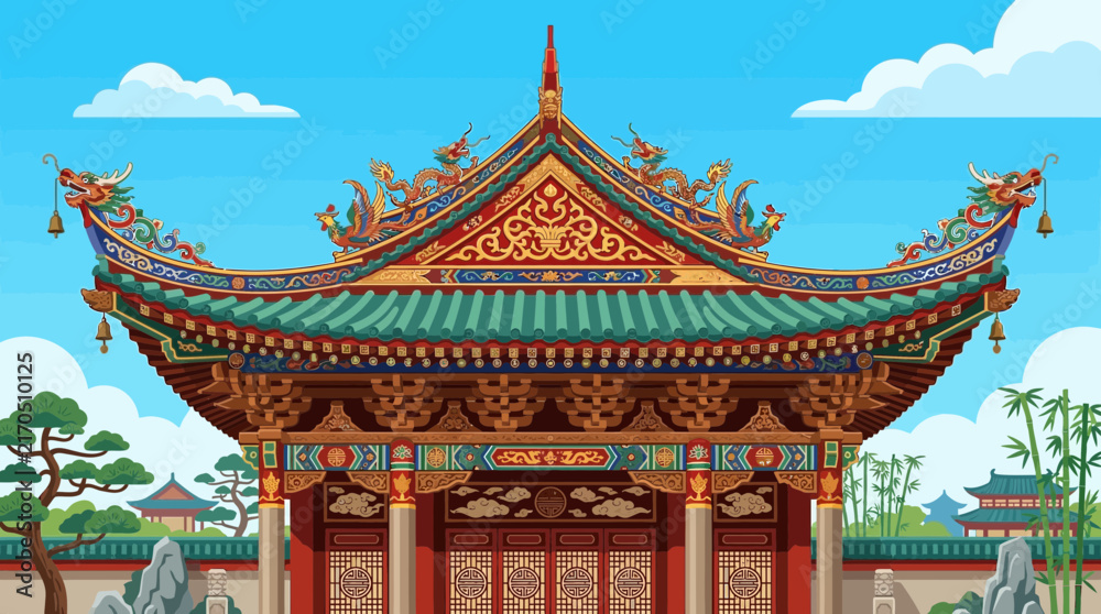 Obraz premium A vibrant flat design illustration of a traditional Asian temple roof, showcasing highly detailed, ornate eaves and decorative carvings. This 2D vector graphic beautifully captures cultural symbolism 