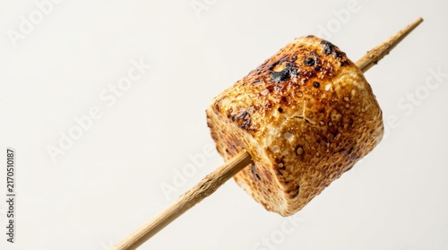 A single, perfectly toasted marshmallow, slightly charred and golden brown, is impaled on a thin wooden skewer, creating a delightful campfire treat ready for enjoyment