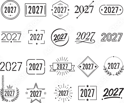 2027 New Year Typography Badge Collection, Creative Number Emblems and Decorative Year Design Set