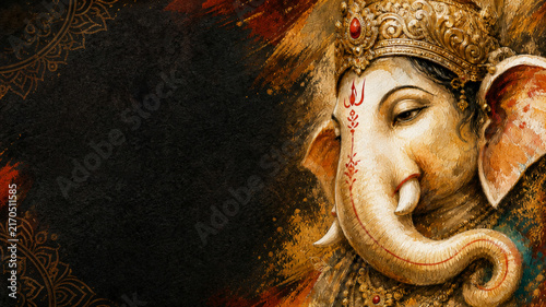 Lord Ganesha Portrait with Ornate Crown and Curved Trunk with Dark Open Space