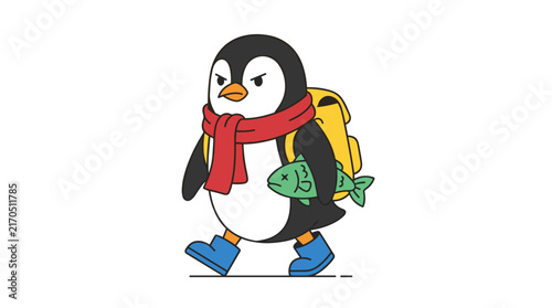 Фотография Cute cartoon penguin with backpack and scarf waddles with a fish, flat design il