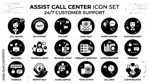Assist Call Center Icon Set with 24/7 Customer Support Help Desk and Live Chat Symbols Vector Illustration