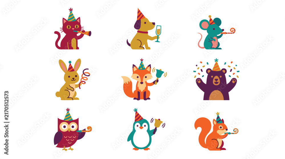 Obraz premium Flat design icon set of animals celebrating with party hats and noisemakers, isolated on white