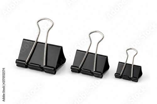 Black Binder Clips in Three Sizes Isolated on White