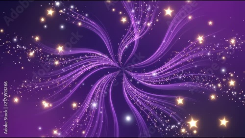 Abstract Purple Swirling Light Trails and Glittering Stars Background.