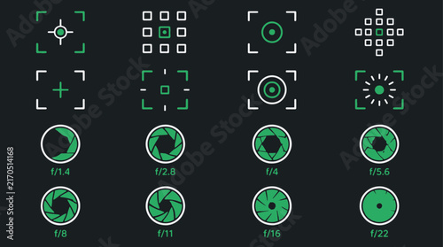 A collection of camera focus points and aperture settings displayed as green interface icons.