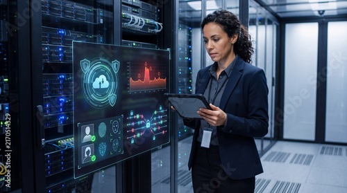 Professionally dressed woman analyzing data on a tablet in a modern data center with innovative technology.