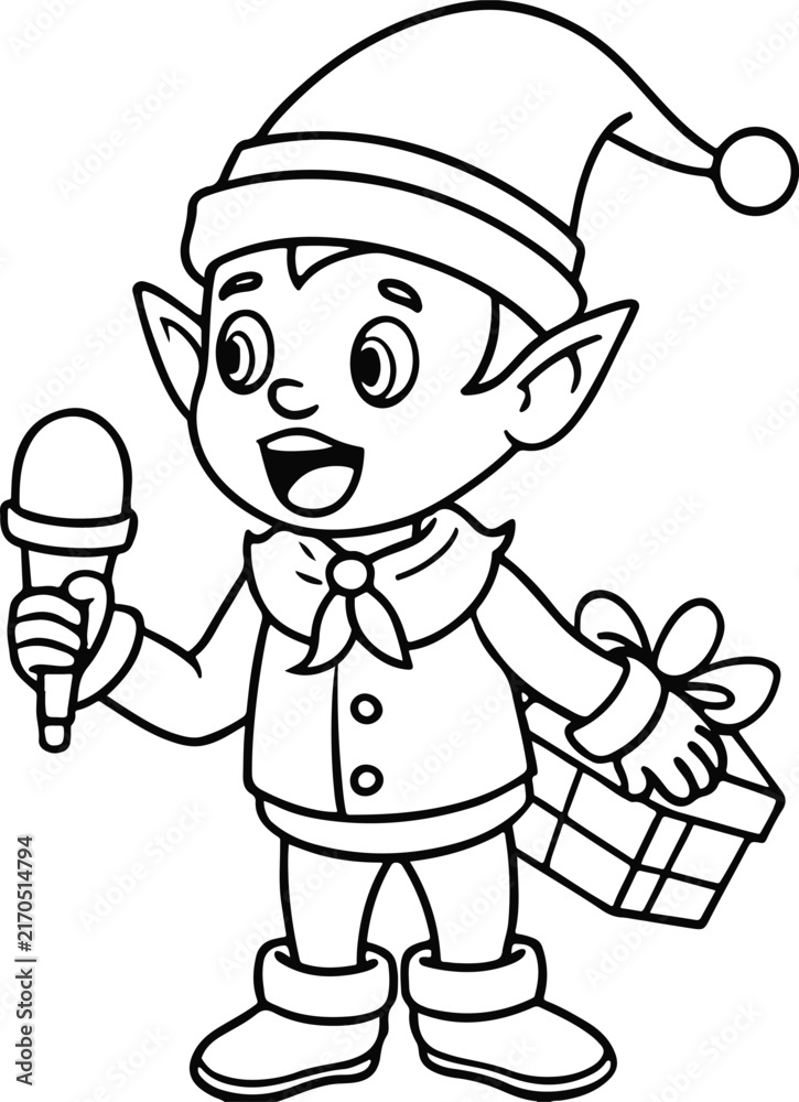 Fototapeta premium Christmas elf holding a microphone and a gift box