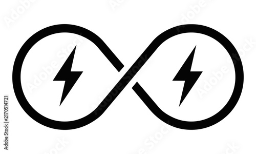 A minimalist black monoline icon of an infinity symbol with lightning bolts inside, isolated on white