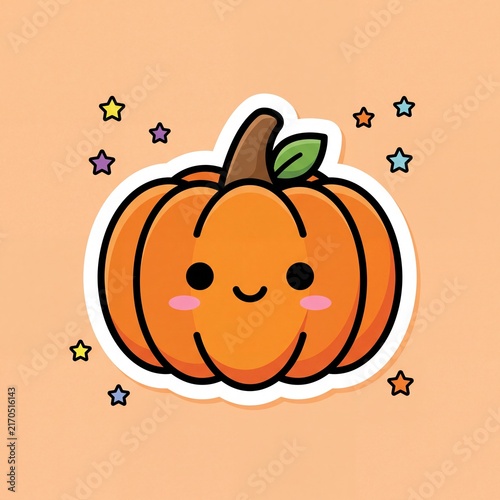 Cute orange pumpkin sticker with smiling face and green leaf surrounded by colorful stars for halloween scrapbooking and decoration.