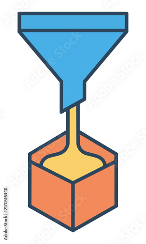 Minimalist industrial icon of a mechanical funnel pouring liquid into a hexagonal mold with flat colors isolated on white. Precision manufacturing concept